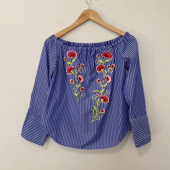 Forever 21 Blue Stripe Floral Embroidery Off the Shoulder Blouse Size Small - Picture 5 of 6